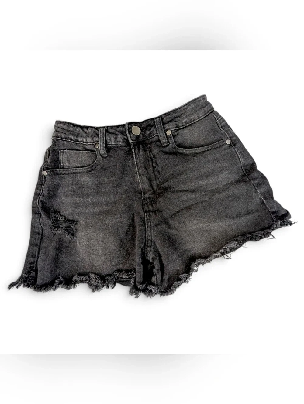 Abound Black Denim Jean Shorts Sz 27 Small Womens Raw Hem High Rise Distressed